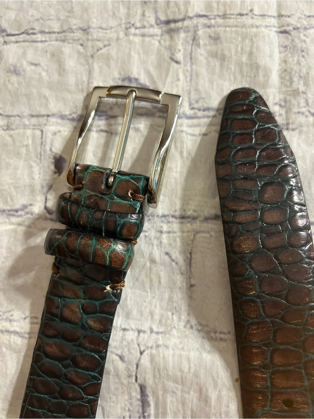 BILL LAVIN “SOFT COLLECTION “ 2-TONE BROWN & TEAL BLUE HANDMADE CROC ITALY BELT